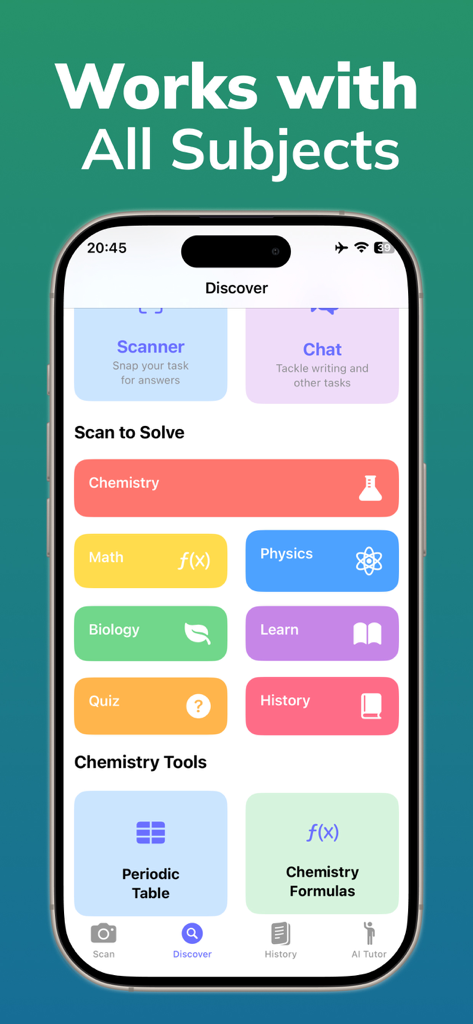 Chemistry Solver: AI Scanner - Chemistry Solver AI Scanner interface displaying multiple subjects and tools