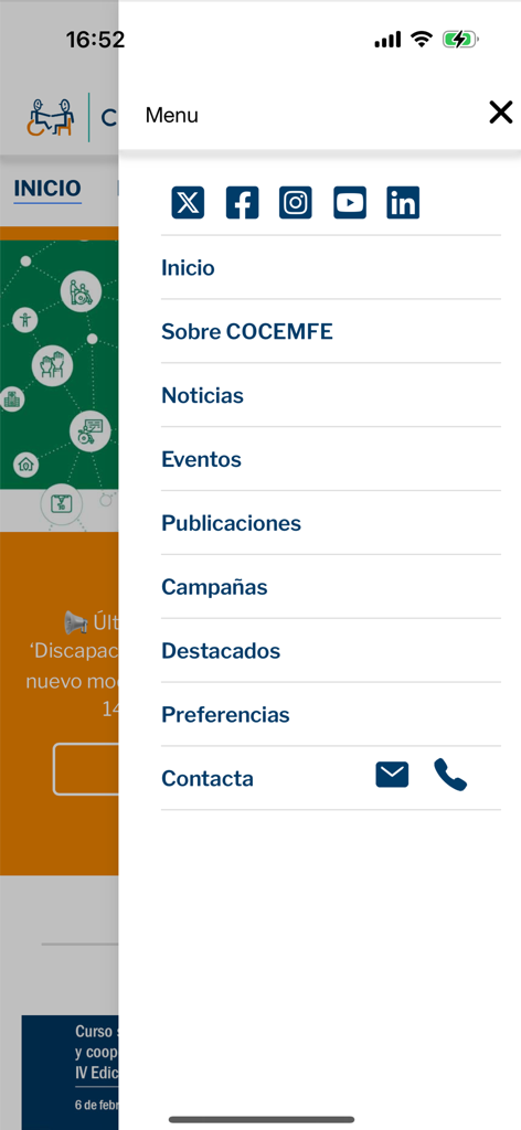 COCEMFE App - COCEMFE mobile app side navigation menu showing sections like news events and contact options