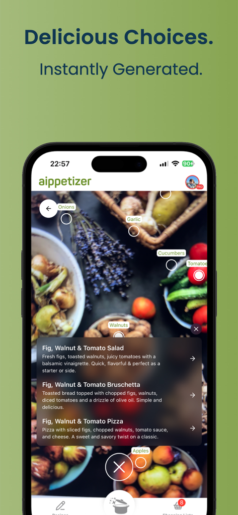 Aippetizer - Cooking Assistant - Aippetizer app interface displaying AI ingredient scanning and instant recipe suggestions like Fig and Walnut Salad.