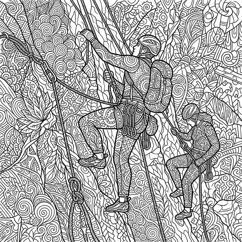 Challenge your artistic skills with this mesmerizing Zentangle coloring page featuring dynamic lead climbers. Every detail, from the climbers' gear to the rock face, is adorned with intricate patterns awaiting your vibrant touch.