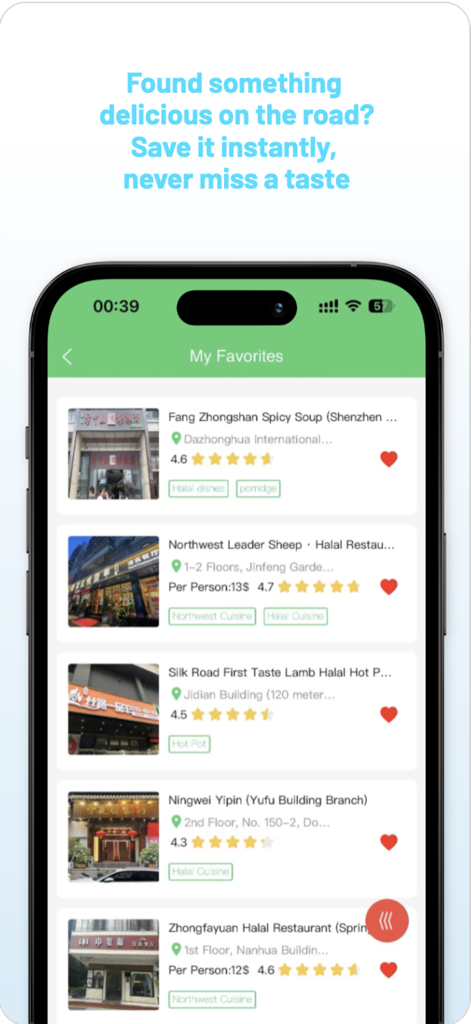Halalive – Halal Marketplace - Lista de restaurantes halal guardados en China en la pantalla de favoritos de la aplicación Halalive.