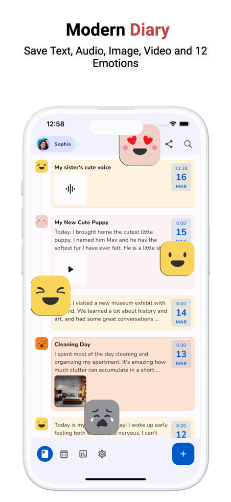 Diary with Lock, Photo, Video - Digital diary app interface showing journal entries with text audio and photos alongside colorful mood emojis.