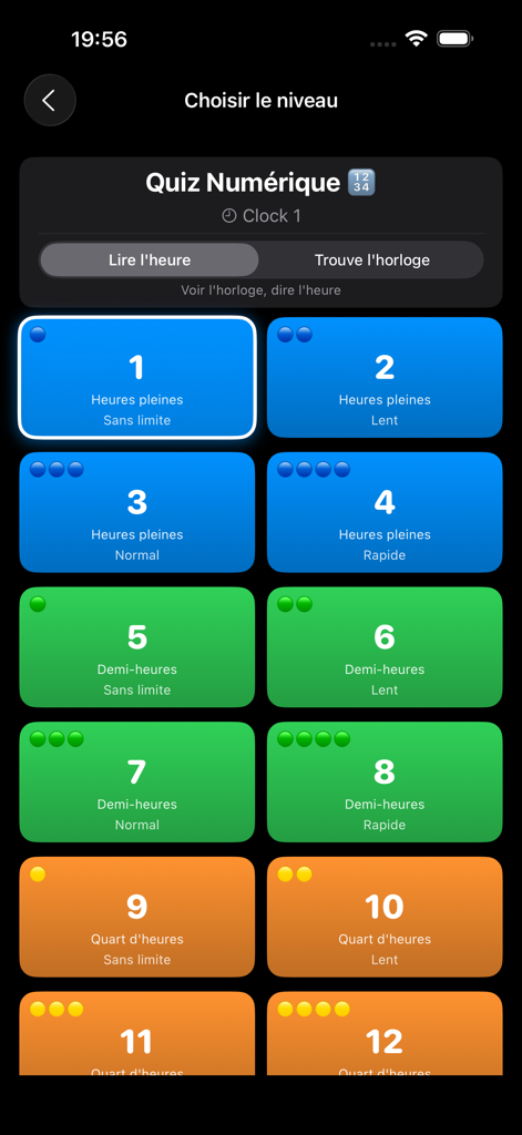 TEAN - Learning Clock - TEAN学習時計アプリのレベル選択画面。時間読み取りのためのさまざまなクイズ難易度レベルが表示されています。