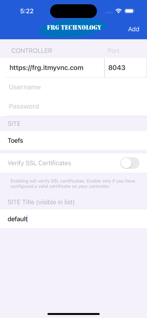 Hotspot Manager - Schermata di configurazione nell'app Hotspot Manager per impostare una connessione controller UniFi