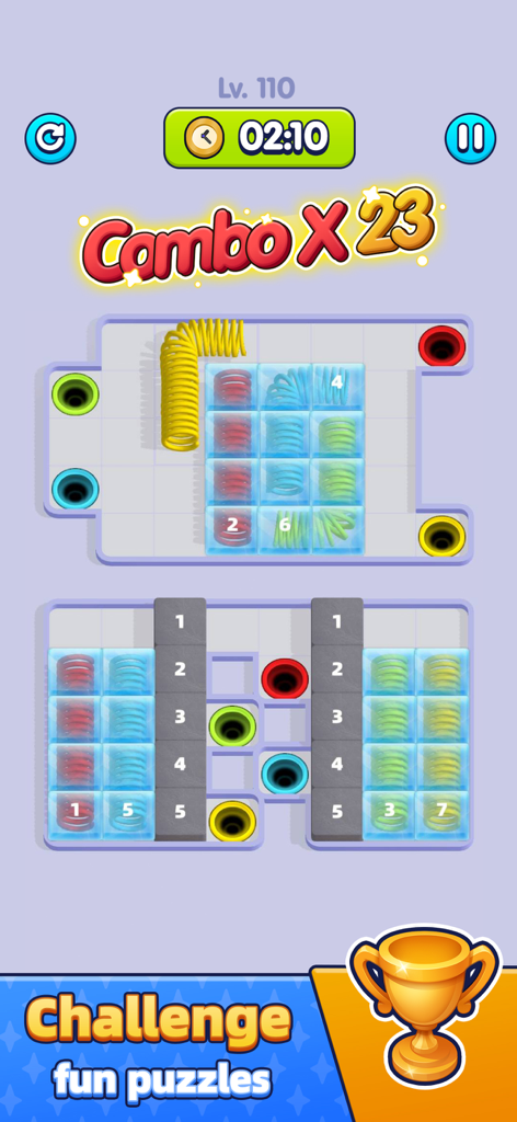 A level in Slinky Go showing a high combo score and colorful slinky sorting puzzles