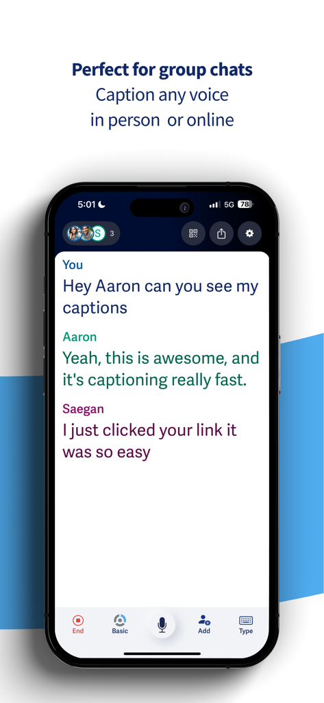 Ava: Transcribe Voice to Text - Smartphone screen showing the Ava app live transcribing a group conversation with color-coded speaker identification.