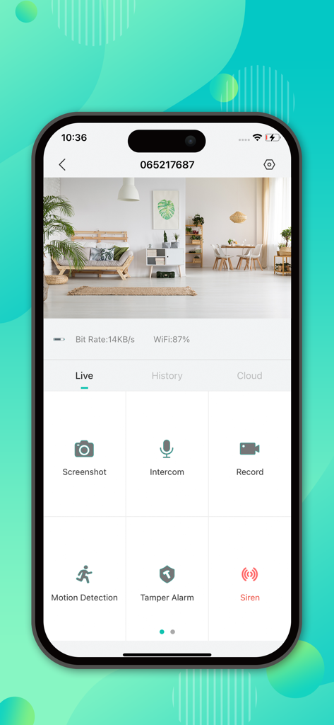 Morecam - Morecam app interface displaying a live video feed of a living room with security control options like motion detection and intercom