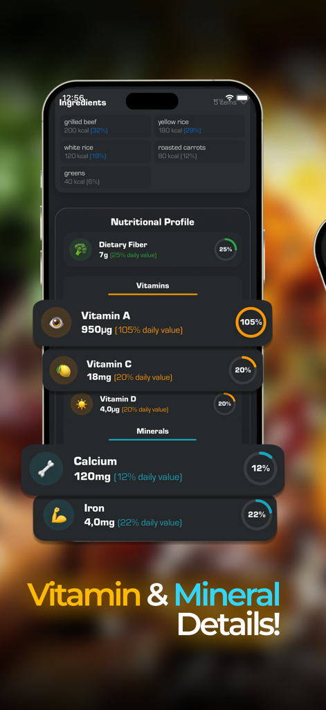 Food AI - Calorie Tracker - Nutritional profile screen of the Food AI app showing detailed vitamin and mineral percentages for logged meals