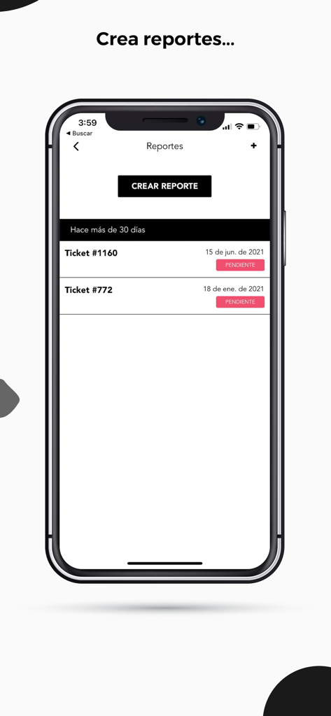 La Nube - Interface of the La Nube app showing the reports section with pending tickets and a button to create a new report.