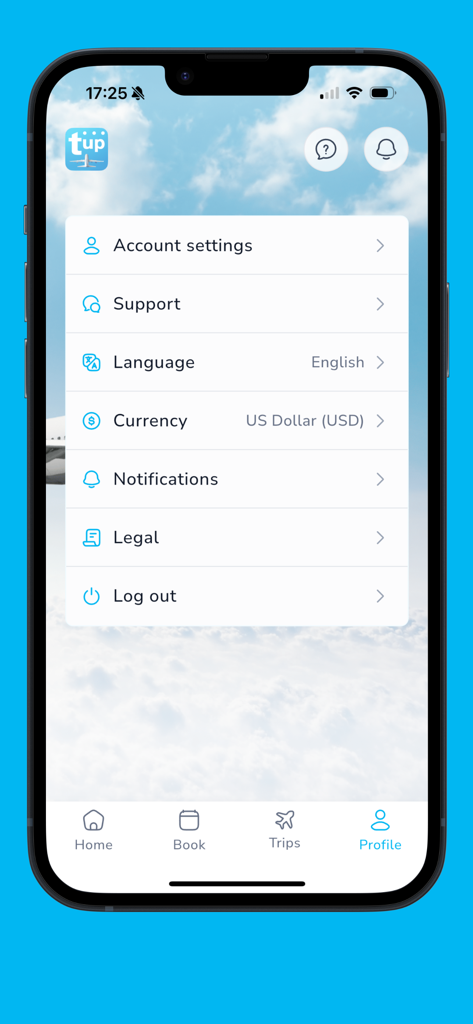 TravelUp App-Benutzerprofilbildschirm mit Einstellungen für Konto, Support, Sprache und Währung.