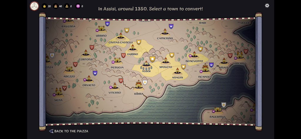 Becoming Saint - Strategic map of 14th-century Italy in Becoming Saint showing cities to convert like Assisi and Rome