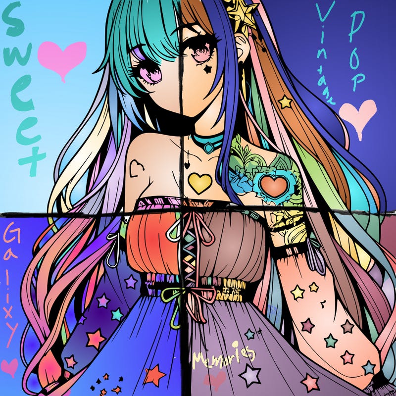 realistic anime girl with long hair star heart tattoos with a fabric dress