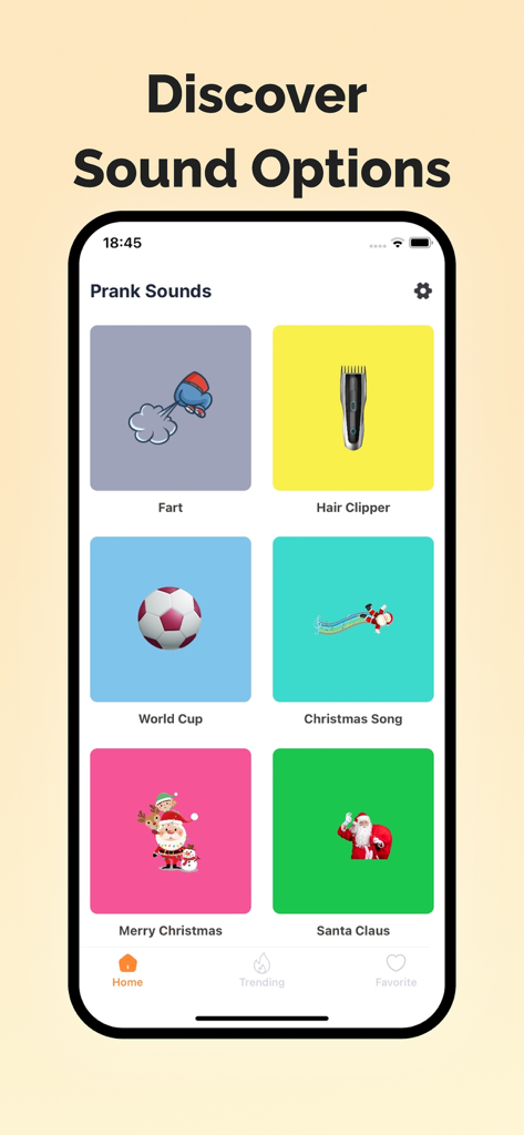 A mobile app interface showing a grid of prank sound effects including fart and hair clipper icons.