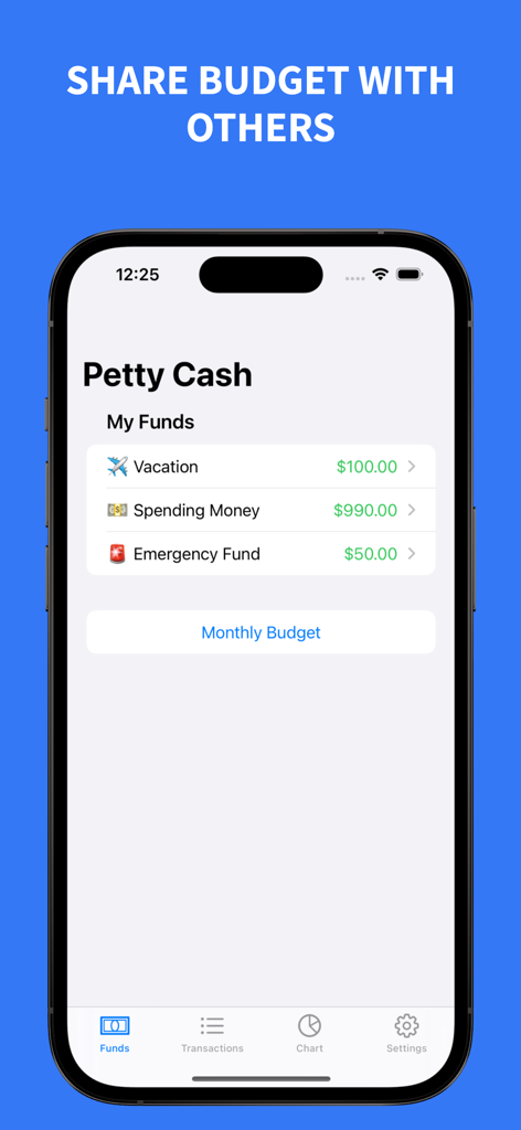 Petty Cash app screen showing shared budget funds for vacation and emergencies