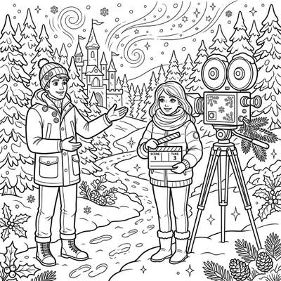 Embark on a creative journey with our enchanting Winter Film Set coloring page, featuring two young actors amidst a snowy landscape. This scene invites you to bring a cinematic winter wonderland to life with your favorite colors.