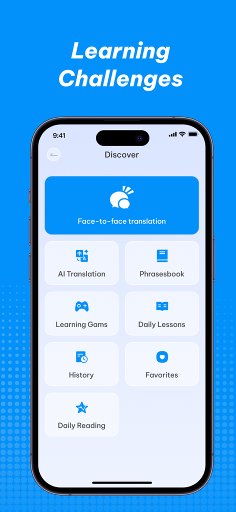 Pantalla de descubrimiento de la aplicación AI Translator Pro que muestra funciones como la traducción cara a cara y juegos de aprendizaje de idiomas