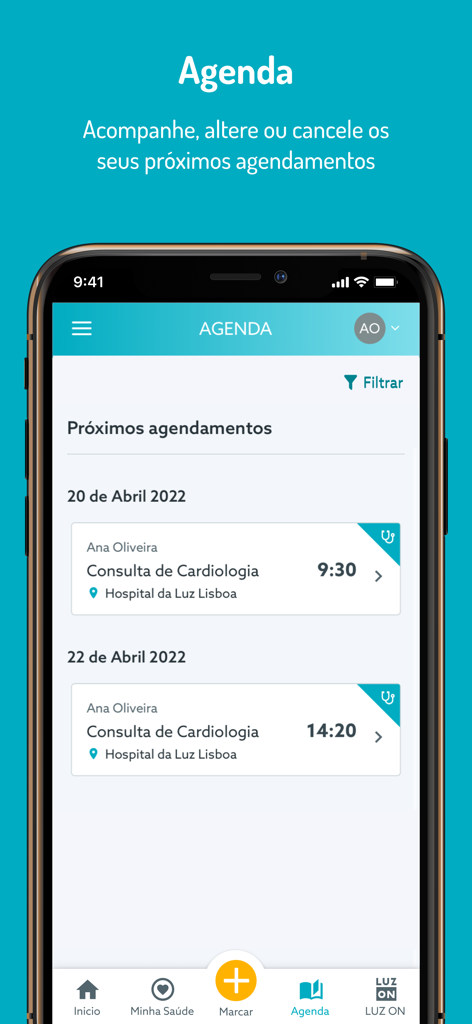 O ecrã da agenda da aplicação MY LUZ a exibir as próximas consultas de cardiologia e detalhes das consultas.