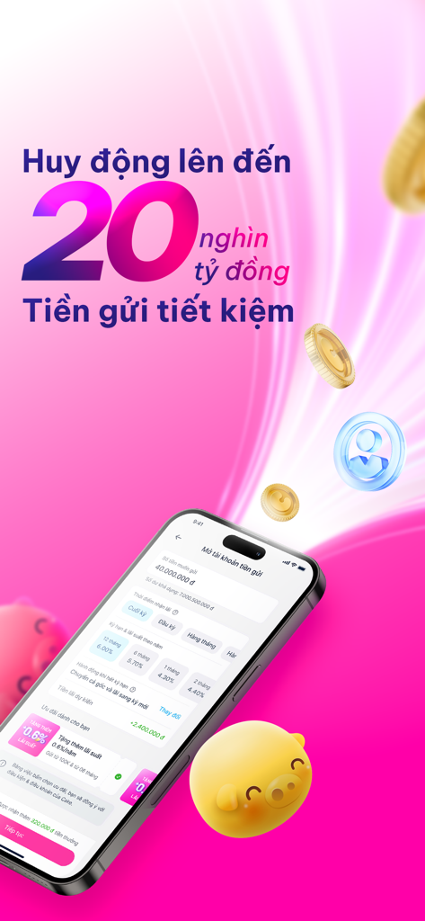 CAKE - Digital Bankin‪g - Celular mostrando a interface do aplicativo CAKE Digital Banking para abrir uma conta poupança com um cofrinho e moedas de ouro