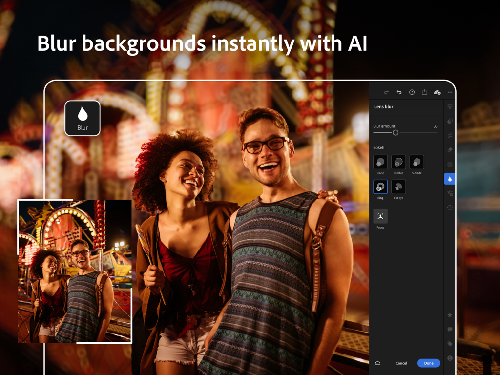 Interface d'Adobe Lightroom pour iPad montrant la fonction de flou d'objectif IA pour ajouter des effets bokeh à une photo