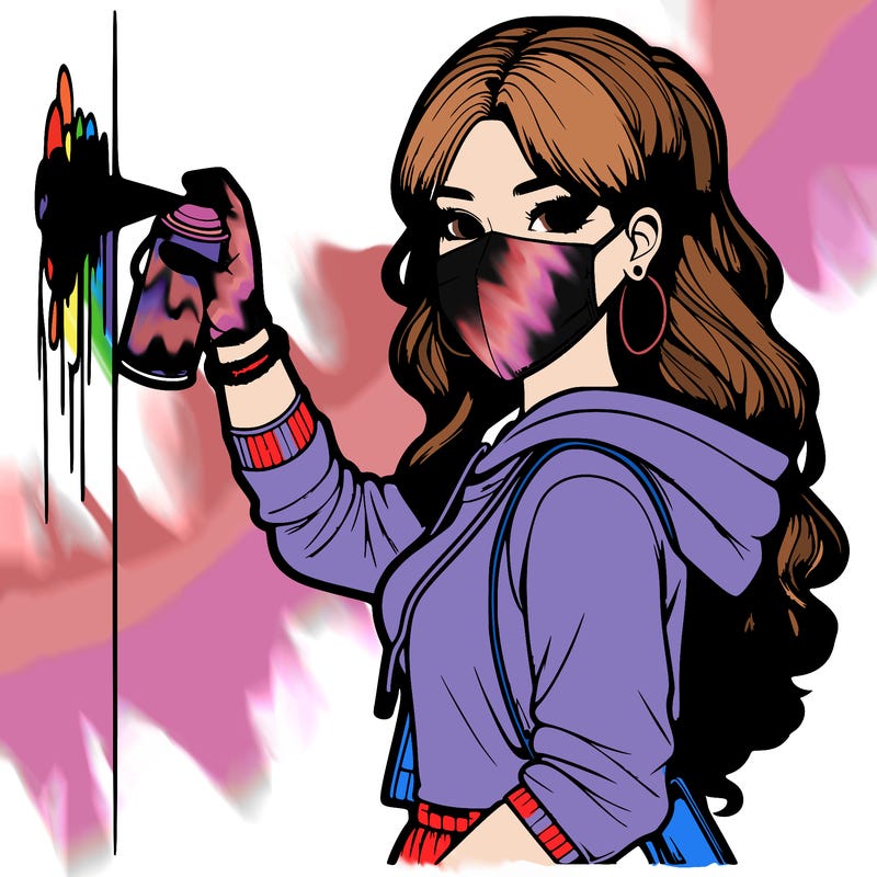 realistic girl with mask spray painting a wall