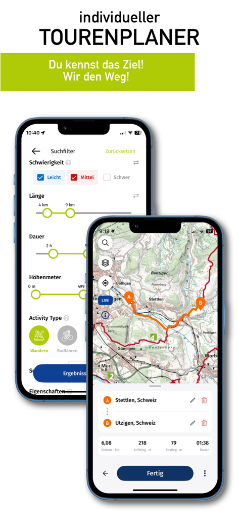 HKF Outdoor app interface showing search filters for hiking and a topographic map route in Switzerland