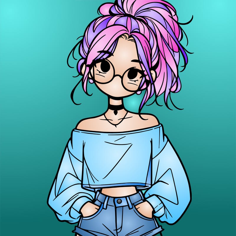 girl with a messy ponytail glasses a baggy crop top and jean shorts