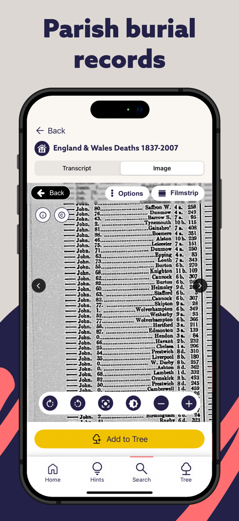 Findmypast - Findmypast mobile app displaying original historical parish burial records for England and Wales