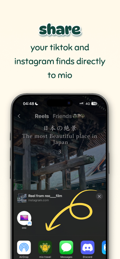 Hoja de compartir de iOS resaltando el ícono de la aplicación de viajes mio para guardar hallazgos de TikTok e Instagram.