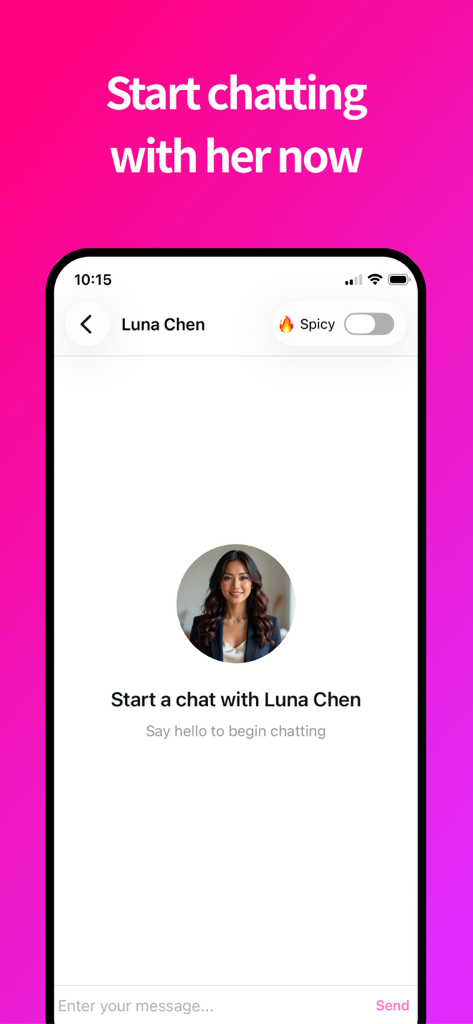AI Girlfriend - Katarina - Mobile app chat screen showing a conversation start with AI character Luna Chen and a spicy mode toggle button