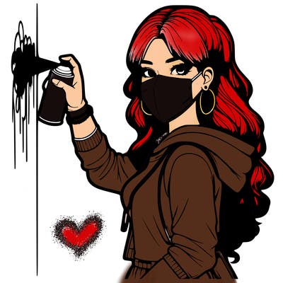 realistic girl with mask spray painting a wall