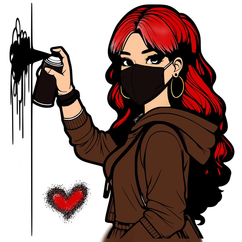 realistic girl with mask spray painting a wall