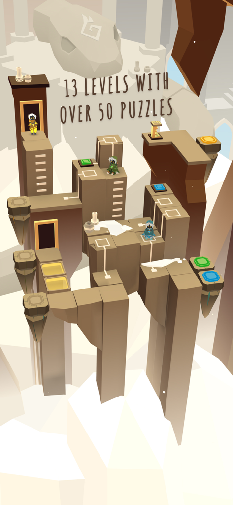 Three explorers solving a multi level block puzzle in a snowy mountain setting