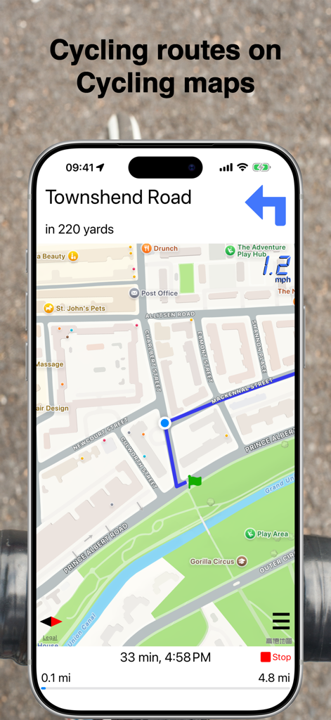 CycleMaps - CycleMaps app showing turn-by-turn cycling navigation on a city map