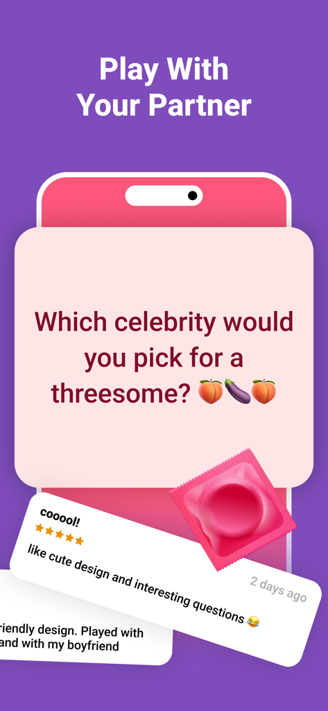 Truth or Dare app interface showing a spicy question for couples and positive user review