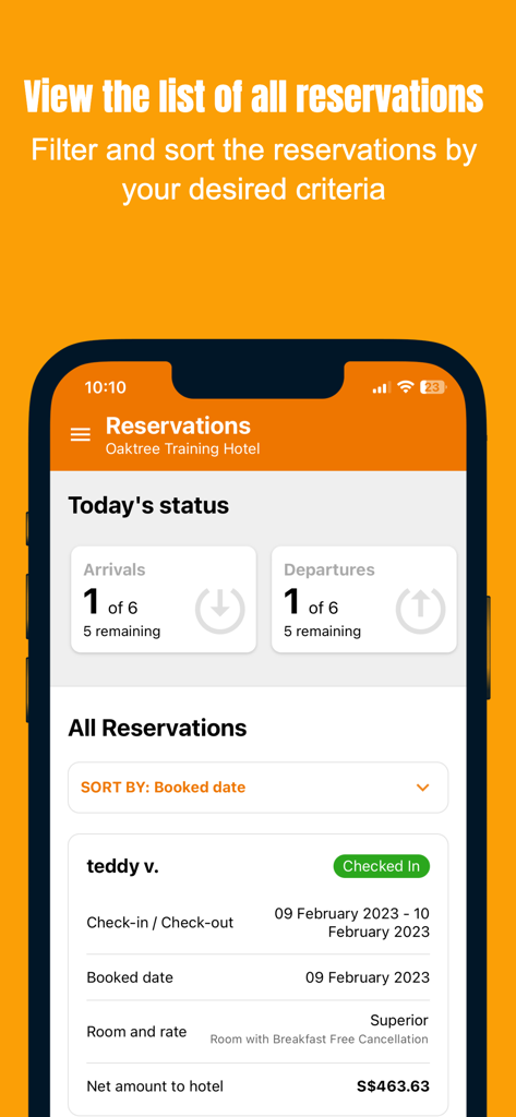 ZUZU HMS - ZUZU HMS mobile app interface showing a list of hotel reservations and daily arrival status