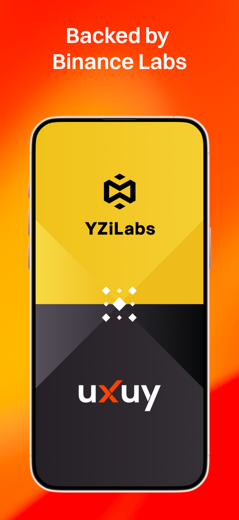 UXUY: Gasless On-Chain Trading - UXUY app screen showcasing backing and incubation by Binance Labs for secure on-chain trading