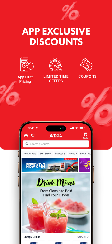 A1 Cash & Carry - A1 Cash and Carry mobile app interface highlighting exclusive discounts app-first pricing and limited-time offers for professional wholesale buyers.