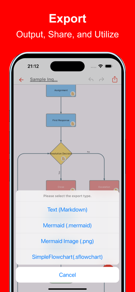 Simple Flowchart AI - Pantalla móvil que muestra opciones de exportación para diagramas de flujo, incluyendo formatos Markdown y Mermaid