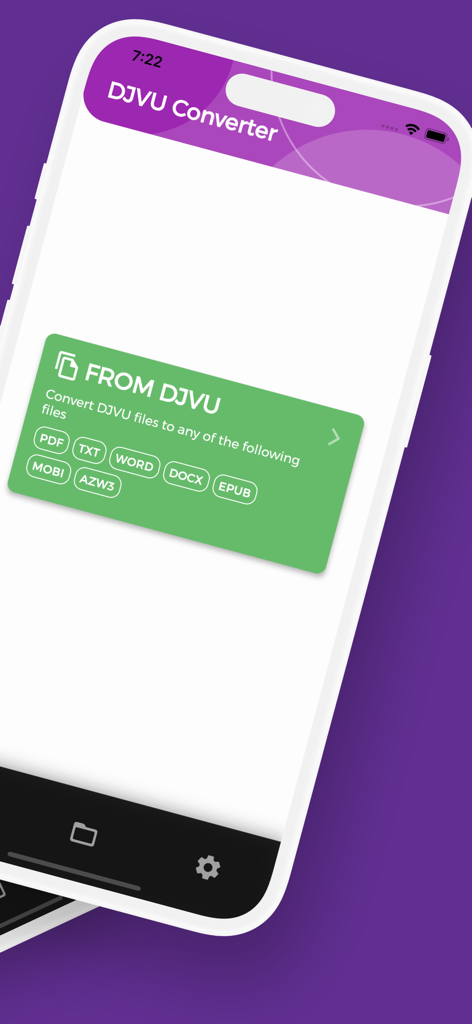 DJVU Converter app interface showing document conversion options from DJVU to PDF TXT Word and EPUB