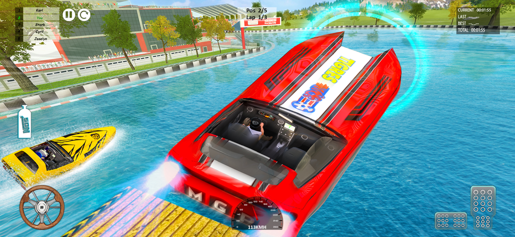 Boat Racing Driving Game 3d - A red speedboat performing a high speed jump through a glowing blue ring in a 3D racing game environment