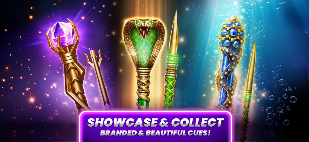 A showcase of artistic and rare pool cues including cobra and crystal themes in Pool Masters