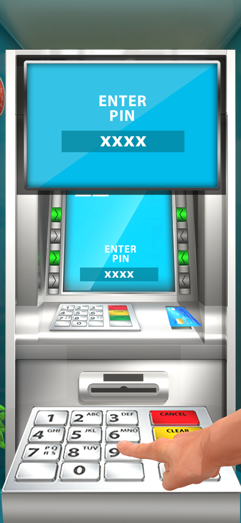 Bank Games - ATM Cash Register - A hand entering a secret pin code on a virtual ATM keypad in a banking simulator game.