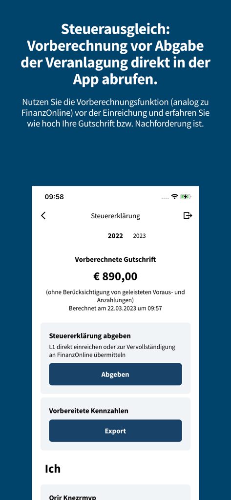 FinanzOnline app interface showing a pre-calculated tax credit for an Austrian tax declaration.