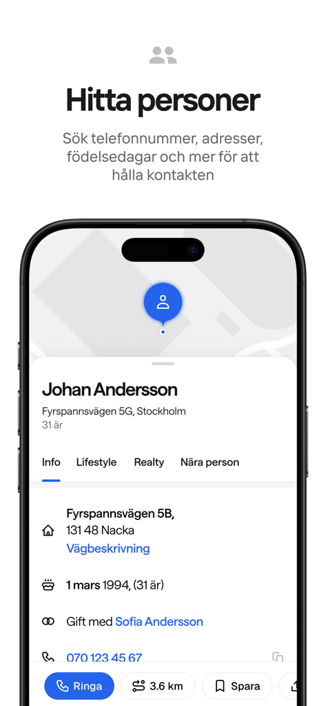 hitta.se - Screenshot of the hitta.se app showing a person profile with contact information and address details in Sweden