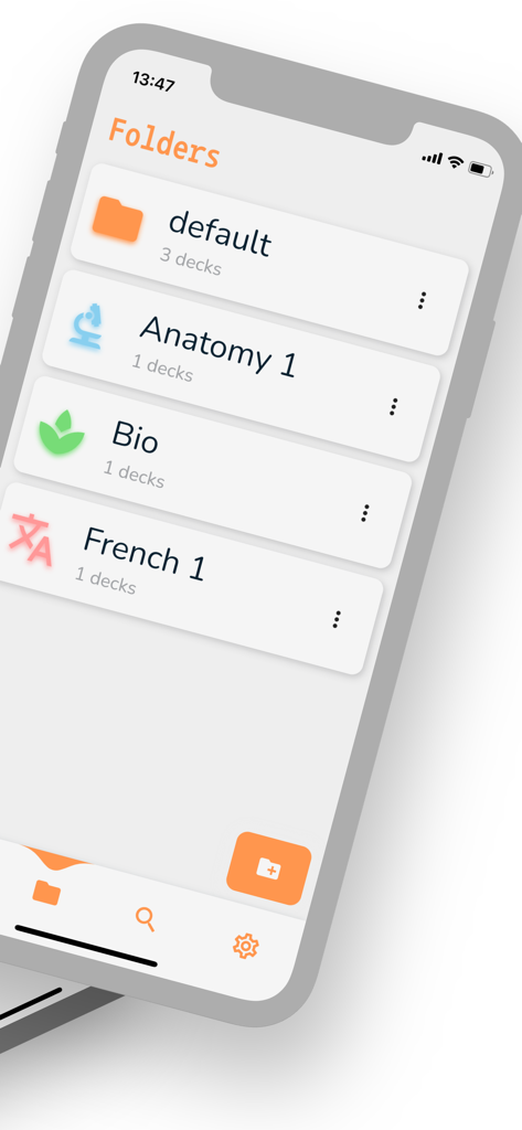 OutLearn: Spaced Repetition - OutLearn app screen showing study folders for Anatomy Bio and French organized for spaced repetition learning