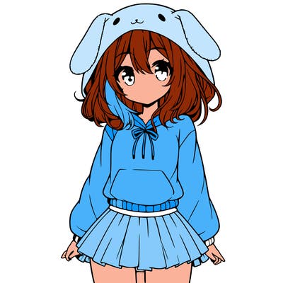 pretty anime girl wearing a fluffy hoodie with bunny ears on the hood and a skirt