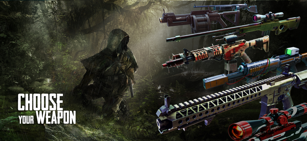 Cover Fire: Gun Shooting games - Una variedad de rifles y armas de francotirador mostradas en el juego de disparos Cover Fire con un soldado en una jungla