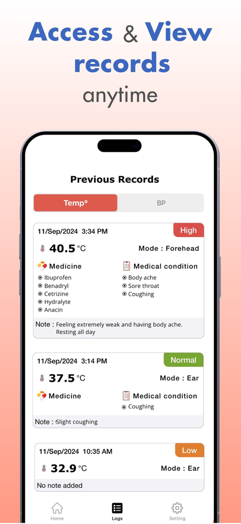 Thermometer: Body Temperature - Smartphone screen displaying historical body temperature records and health logs