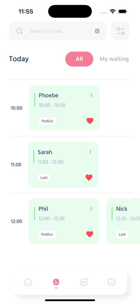Beauty Staff - Mobile interface of Beauty Staff app showing a daily schedule of salon appointments with client names and service types