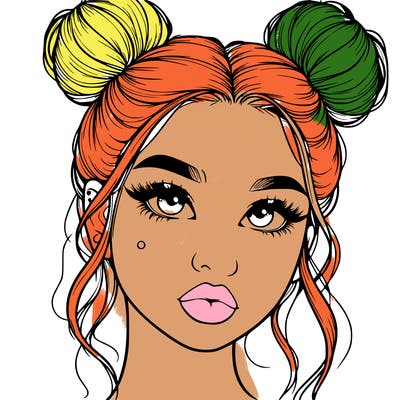 realistic girl with two buns on her hair and lips